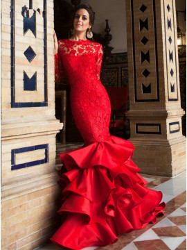 Mermaid Long Sleeves Backless Lace Prom Dress Tiered Red Evening Dress