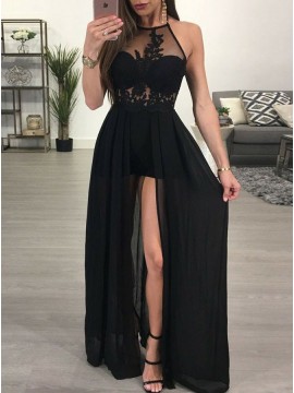 A-Line Halter Slit Leg Sexy Black Prom Dress with Lace