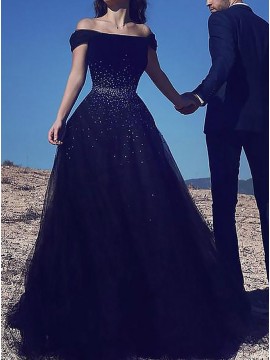 A-Line Off-the-Shoulder Dark Navy Prom Dress with Sequins