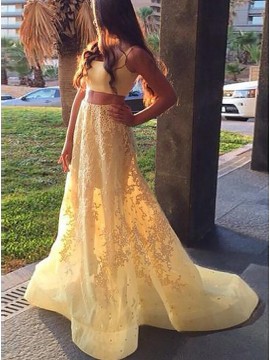 Two Piece Square Yellow Beaded Gorgeous Prom Dress with Appliques