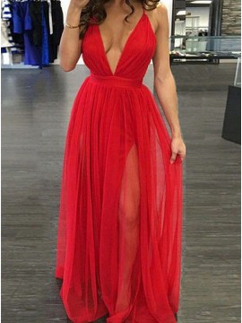 A-Line Deep V-Neck Criss-Cross Straps Slit Leg Red Prom Dress