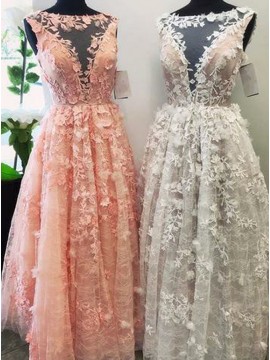 A-Line Bateau Floor-Length Pink White Prom Dress with Appliques