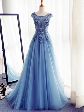A-Line Round Neck Cap Sleeves Blue Tulle Prom Dress with Appliques