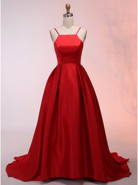 Ball Gown Spaghetti Straps Sweep Train Red Prom Dress with Pleats