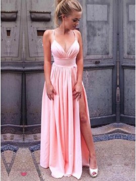 A-Line Spaghetti Straps Slit Leg Pink Prom Dress with Pleats