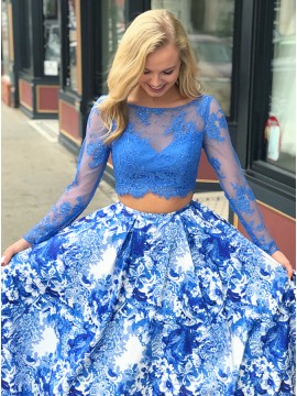 Two Piece Bateau Long Sleeves Blue Printed Prom Dress with Lace Beading