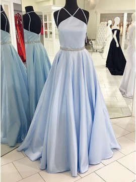 A-Line Halter Floor-Length Open Back Light Blue Satin Prom Dress with Beading