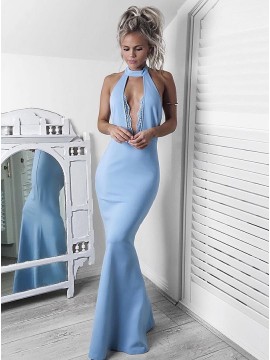 Mermaid Halter Backless Floor-Length Blue Prom Dress with Keyhole