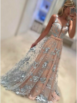 A-Line Bateau Floor-Length Peach Tulle Prom Dress with Appliques Sash
