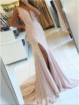 Mermaid V-Neck Slit Leg Beaded Pearl Pink Long Prom Dress