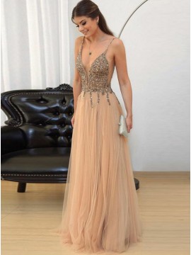 A-Line Spaghetti Straps Backless Champagne Long Prom Dress with Beading Sequins