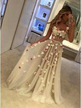 A-Line Spaghetti Straps Pleated White Tulle Long Prom Dress with Flowers