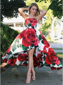 A-Line Strapless Party Dress High Low Floral Long Prom Dress