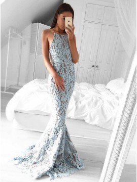 Mermaid Halter Backless Sweep Rain Light Blue Lace Prom Dress