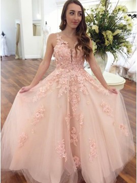 A-Line V-Neck Floor-Length Pink Prom Dress with Appliques