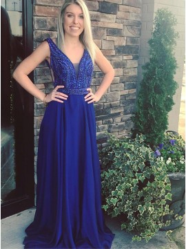 A-Line V-Neck Sweep Train Royal Blue Prom Dress with Beading