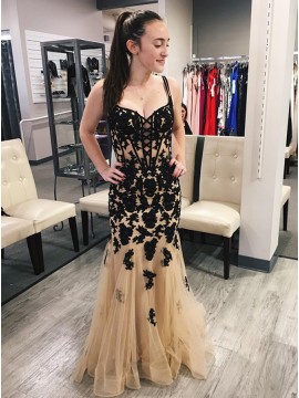 Mermaid Spaghetti Straps Champagne Prom Dress with Appliques