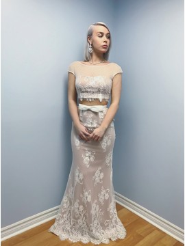Two Piece Bateau Cap Sleeves Floor-Length Ivory Lace Prom Dress