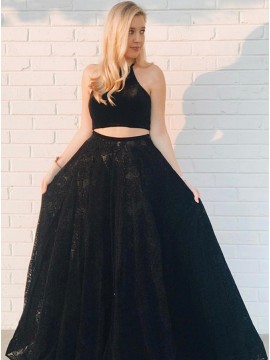 Two Piece Jewel Floor-Length Black Lace Prom Dress