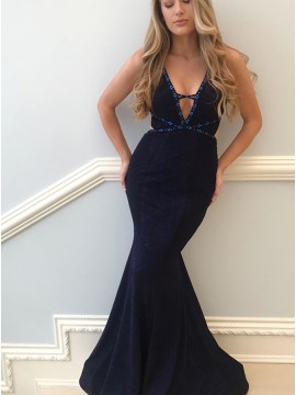 Mermaid V-Neck Floor-Length Navy Blue Prom Dress with Beaing