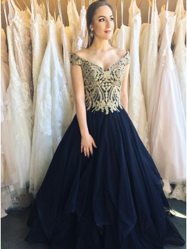 A-Line Off-the-Shoulder Navy Blue Prom Dress wih Appliques