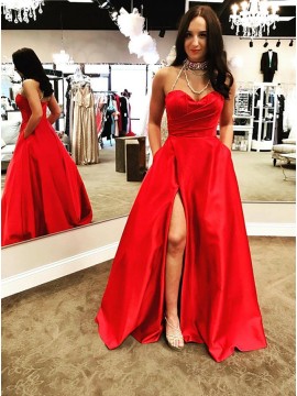 A-Line Sweetheart Floor-Length Red Split Prom Dress with Pockets Ruched