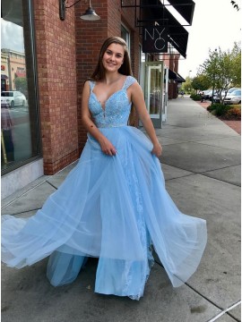 A-Line Straps Floor-Length Light Blue Prom Dress with Lace Beading