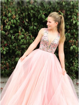 A-Line V-Neck Floor-Length Pink Tulle Prom Dress with Beading