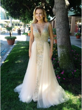 Mermaid V-Neck Sweep Train  Light Champagne Prom Dress with Beading