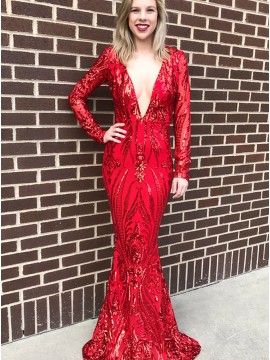 Mermaid Deep V-Neck Long Sleeves Floor-Length Red Prom Dress with Sequins