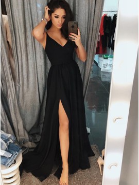 Simple A-Line Spaghetti Straps Long Black Prom Dress with Split