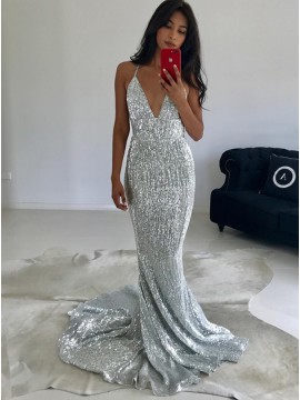 Mermaid Deep V-Neck Backless Sweep Train Silver Sequined Prom Dress