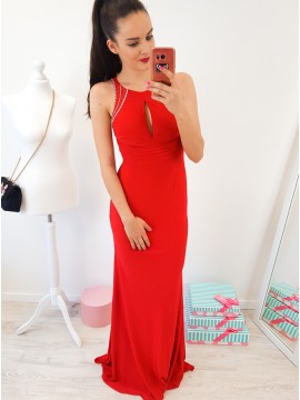 Mermaid Crew Open Back Floor-Length Red Prom Dress with Beading Keyhole