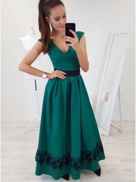 A-Line V-Neck Cap Sleeves Floor-Length Dark Green Prom Dress with Lace Pleats