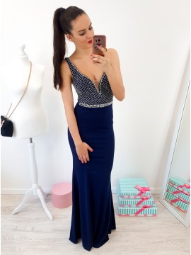 Mermaid V-Neck Floor-Length Navy Blue Prom Dress with Beading