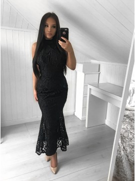 Mermaid Jewel Ankle-Length Black Lace Prom Dress