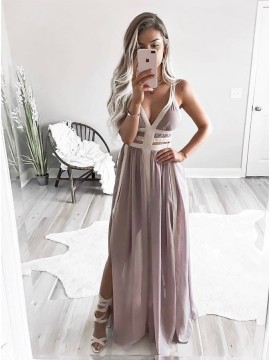 A-Line Straps Floor-Length Grey Chiffon Pleated Prom Dress with Split