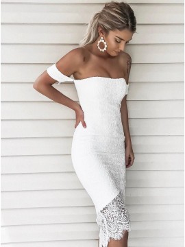 Sheath Off-the-Shoulder Short Sleeves High Low White Lace Cocktail Dress