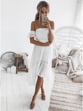 A-Line Off-the-Shoulder Short Sleeves High Low White Chiffon Prom Dress with Pleats