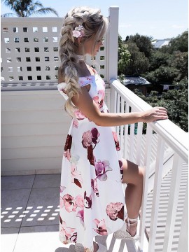 A-Line Off-the-Shoulder Floor-Length White Printed Prom Dress with Split