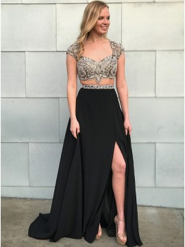 Two Piece Scoop Cap Sleeves Open Back Black Prom Dress with Beading Split