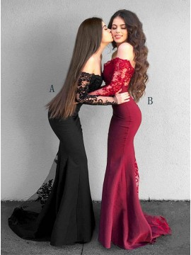 Mermaid Off-the-Shoulder Long Sleeves Black Prom Dress with Lace