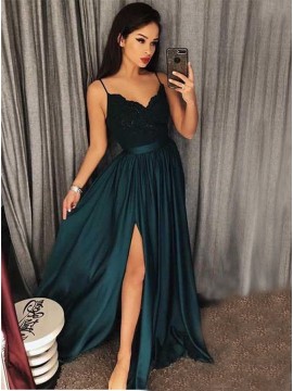 A-Line Spaghetti Straps Dark Green Prom Dress with Appliques Split