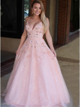 A-Line Spaghetti Straps Sweep Train Pink Prom Dress with Appliques Beading