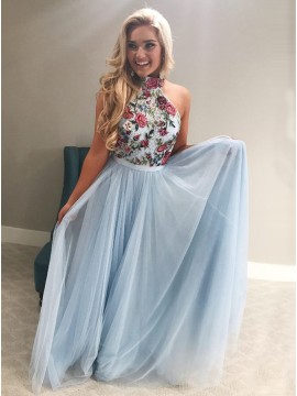 A-Line High Neck Floor-Length Light Blue Prom Dress with Appliques