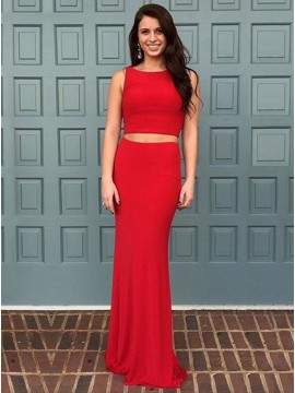 Two Piece Mermaid Round Neck Sleeveless Sweep Train Red Prom Dress