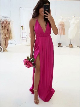 A-Line V-Neck Criss-Cross Straps Fuchsia Prom Dress with Split