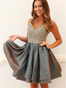 A-Line V-Neck Open Back Above-Knee Grey Prom Dress with Beading
