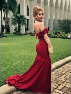 Mermaid Off-the-Shoulder Sweep Train Burgundy Prom Dress with Ruffles