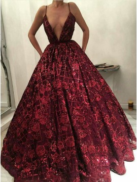 Ball Gown Deep V-Neck Floor-Length Dark Red Lace Prom Dress with Beading